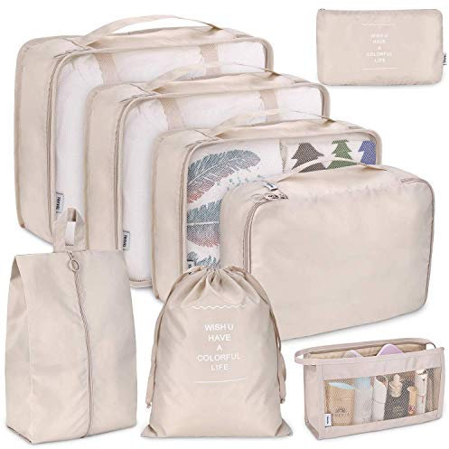 Reise-Verpackungswürfel, 8-teiliges Set Reisewürfel, faltbare Gepäckaufbewahrungstasche, leichte Gepäckaufbewahrungstasche (Beige)