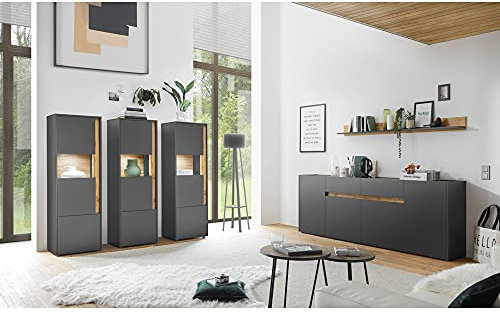 Lomadox Esszimmer Kombination mit 3 Vitrinen LED Beleuchtung in anthrazit mit Absetzungen in Wotan Eiche Nb.
