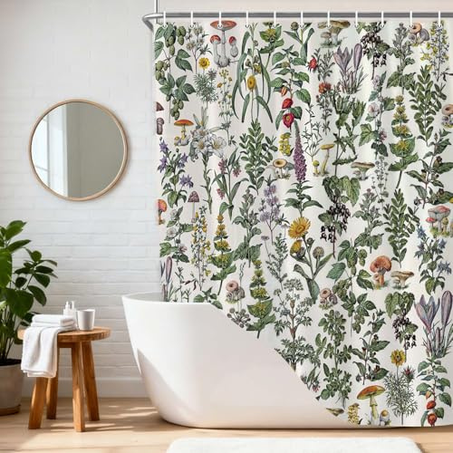 Wathon Vintage Botanischer Duschvorhang Pflanzen Kräuterpilz Salbeigrün Blatt Farne Badevorhang Boho Retro Wildblume Badezimmer Dekor Ästhetisches neutrales Bad Set Bauernhaus Badezimmer Zubehör 183