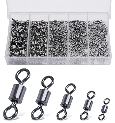 Realure 200/300 Pcs Rolling Fishing Swivels 5 Sizes Swivels for Carp Fishing Accessories Swivels 4# 6# 8# 10# 12# Barrel Fishing Connector Swivel for Sea Fishing, Fishing Line, Hooks Swivels (200 Pcs)