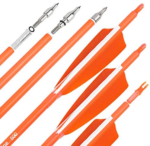 surwolf 31 Flèches de Chasse en Carbone Fluorescent 500 600 Spine avec Plume Naturelle Flèches d'Entraînement pour Tir à l'arc à Poulies/Recurve/Arc Long 6/12pcs (12, Orange, Spine 600)