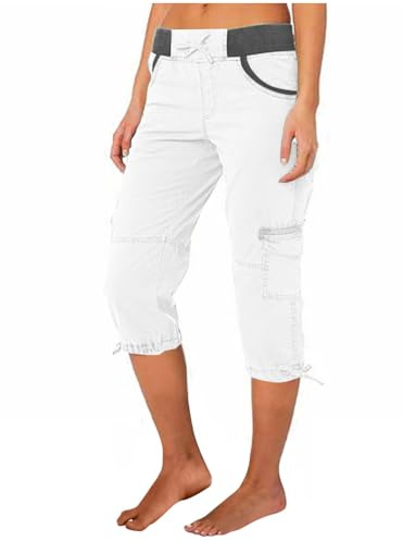 ORANDESIGNE Pantalons Femme Cargo 3/4 Long Sport Capri Pantalon Travail Jogging avec Poches Été Taille Haute Pantalon Sport Décontracté Pantacourt A Blanc M