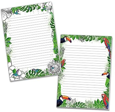 2 Motiv Schreibblöcke Briefpapier liniert für Mädchen Kinder Schule Tropen Blumen (1 Block bunt und 1 Block zum Ausmalen A4 mit je 25 Blättern)