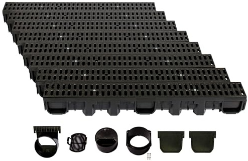 ScarMaxx - A15 - Entwässerungsrinne Set - 13 x 800 x 11,5 cm - Bodenrinne - Regenwasser Ablauf - Abfluss mit Gitter - Drainagekanal - Kunststoff - mit Stegrost Classic Schwarz