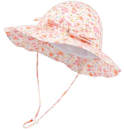 Jupsk Toddler Summer Sun Hat, Baby Girls Sun Hat Wide Brim Children's Bucket Hat with Adjustable Straps Flower Print Outdoor Visor Hat