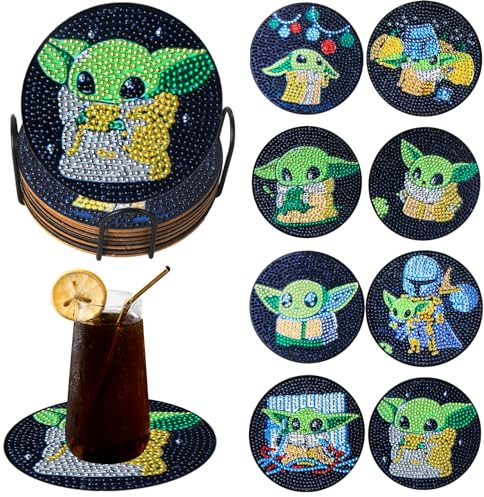 8 Stück Diamant Malerei Untersetzer mit Halter, DIY Malsets für Erwachsene Kinder Anfänger Getränke Untersetzer 5D Cartoon Kunst Untersetzer Bastelbedarf