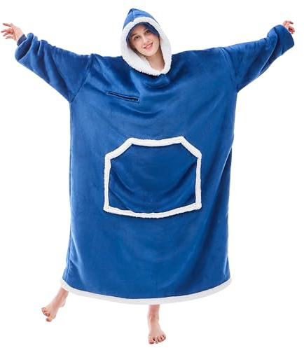 IFNOW Wearable Blanket Hoodie, Oversized Sherpa Fleece Hooded Sweatshirt with Eye Mask, Cozy and Giant Blanket Hoodie with Sleeves Extra Long for Adults Men Women, Navyblue