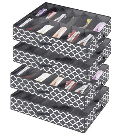 RYJYQYX Bettkasten Aufbewahrung Foldable für Schuhe Aufbewahrung, Unterbettkommode mit transparenter Deckel, Unterbettbox Mit Deckel Unterbett-Organizer Für Kinder Und Erwachsene,A-4Pcs