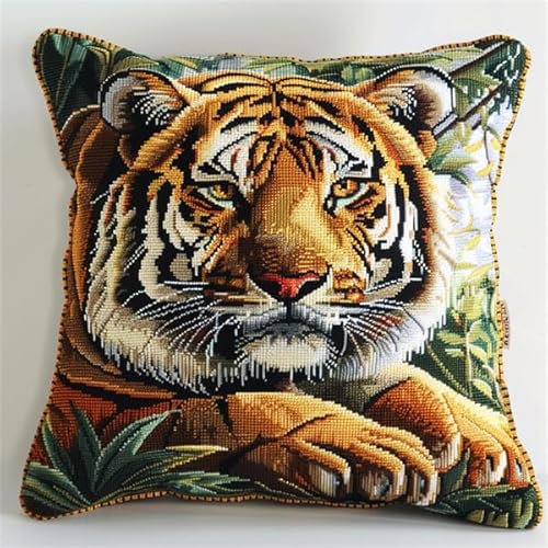kitphoenix Knüpfkissen Set Tiger Latch Hook Kissen Kit für Kinder oder Anfänger Erwachsene zum Selber Knüpfen, DIY Knüpfteppich Knüpfpackung, Knüpfhaken Set 43 x 43 cm