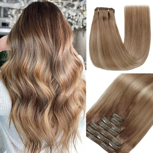 GUDOZO clip in extensions echthaar Hellbraun mit hellbraunem Goldverlauf 7pcs 35cm 80g Echthaar extensions clip Nahtlose Echthaar Clip-In Volumen Damen