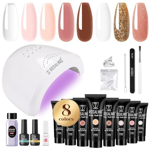 ROSALIND Poly Extension Nagelgel Starter Set, 8 * 10ml Poly Nail Gel mit 48W UV Lampe, Base &Top Coat, ManiküreWerkzeuge Nagelverlängerungs Gel Starter Set für Anfänger, Profesionelle und Salon