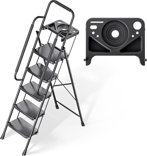 KINGRACK 5 Step Ladder, Folding Step Stool with Safe-Lock Design, 500 lbs Sturdy Steel Ladder with Tool Platform, Wide Anti-Slip Pedal, Convenient Handrail for Household and Kitchen, Black