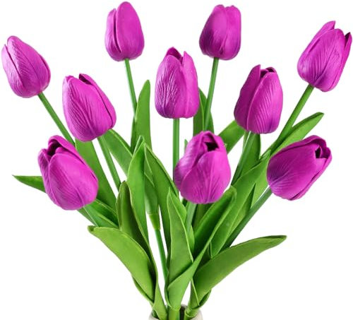 JUSTOYOU - Tulipani artificiali in lattice PU, sembrano veri al tatto, adatti per bouquet di nozze, per feste e come decorazione per la casa, 10 pezzi (lilla)