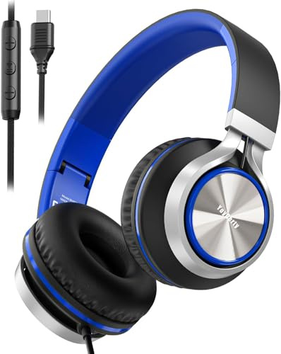 Uppgraderade USB-typ C trådbundna hörlurar, vikbara over-ear-hörlurar med mikrofon och volymkontroll, Hi-Fi-stereoljud, för vuxna/tonåringar/småbarn/surfplattor/resor