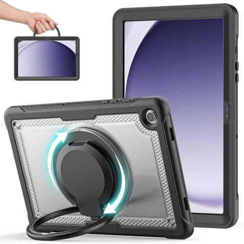 KAIJIAbox for Samsung Galaxy Tab A9 Plus Case/Tab A9+ 11 Inch 2023, 360° Rotating Handle Stand Multiple Angles Shockproof Drop-Proof Case, Adjustable Shoulder Strap& Pencil Holder,Transparent
