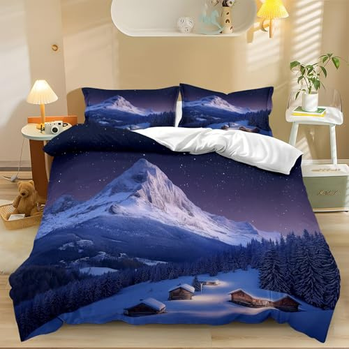 Generico Set Copripiumino Paesaggio Invernale Cime Montuose Pineta Cabine Set Biancheria da Letto con Stampa 3D Copripiumino 220x230cm,Copripiumino in Morbida Microfibra,1 Copripiumino e 2 Federe