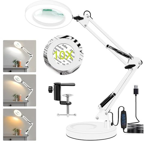 Lupe mit Licht und StäNder, 10X Lupenleuchte mit 3 Farbmod Dimmbare, FreihäNdige Lupenlampe LED für Naharbeiten, Hobbys, Basteln und Lesen, Weiß