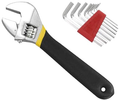 JRSHIRLEYLTD Clé à molette réglable de 200 mm, en acier au chrome-vanadium (largeur de mâchoire max. 24 mm) avec jeu de clés hexagonales