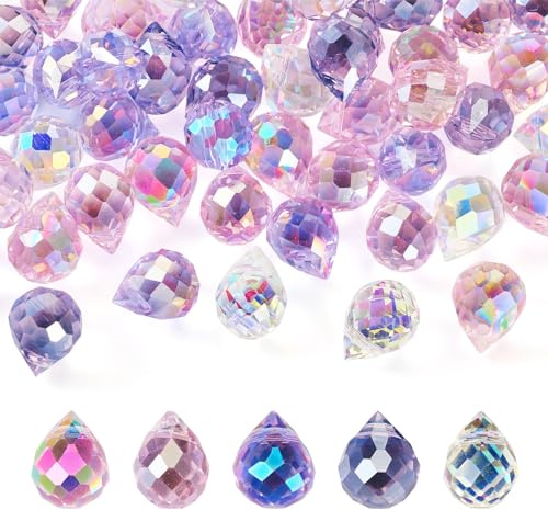 FASHEWELRY - Lot de 50 perles en verre cristal à facettes en forme de larme transparentes - Plaqué couleur AB - Pour fabrication de boucles d'oreilles, colliers, bracelets, bijoux et projets de
