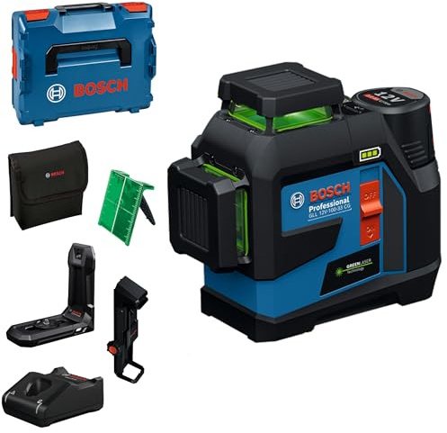Bosch Professional line Laser GLL 12V-100-33 CG (3 x 360° Green Laser, Working Range 100 m (Radius) with Receiver, IP 65, Levelling Remote App, LB 10, DK 20, GBA 12V 2.0Ah, GAL 12V-40, Pouch, L-Boxx)