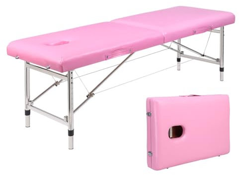 MBBTAG Massageliege 2 Zonen Massagetisch Kosmetikliege mit Griff Massagetisch Tragbar Metallrahmen Therapieliege HöHenverstellbare Massagebank Massageliege Klappbar, für Spa, Salon, Tattoo(Rosa)