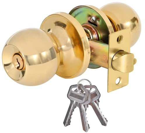 Hochsicherer, runder Kugel-Türgriff aus Edelstahl mit Schloss und Schlüssel, Türknauf für Haustür, Schlafzimmer und Innenbereich, einfache Installation (Gold)