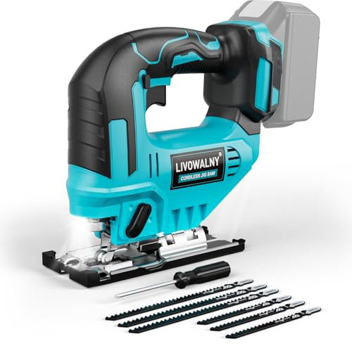 LIVOWALNY Seghetto Alternativo Senza Filo Compatibile con Batterie Makita 18V, Velocità Variabile, Taglio a Inclinazione 45°, con 6 Lame – Per Legno, Metallo e Plastica (Batteria Non Inclusa)