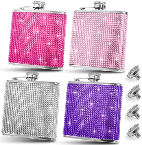 Suwimut 4 Pack Flask for Liquor for Women, 6OZ Cute Rhinestones Stainless Steel Hip Flask, Girls Glitter Bling Pocket Decorative Flasks with Funnel Set for Vodka, Whiskey, Wine, or Alcohol Drink