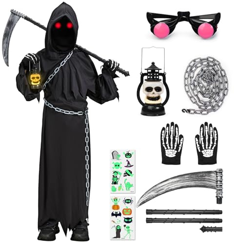 Lubolee Costume Halloween Bambino, Set di Costumi Halloween Morte per Bambini con Lanterna a Cranio, Catena, Falce e Occhiali Luminosi,Vestito Halloween Bambino da 4-12 Anni