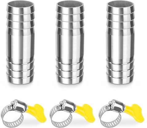 Raccord de Tuyau Cannelés, 3Pcs 22mm*60mm Connecteur Droit Barbelé en I en Forme, Adaptateur Raccords à Embout à 2 Voies en Acier Inoxydable, avec 3 Colliers