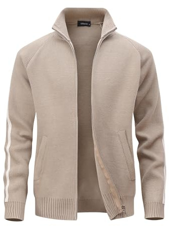 CoXuantion Herren Gestrickt Strickjacke Langarm Voller Reißverschluss Cardigan Stehkragen Warme Pullover Winter Sweatjacke mit Taschen L,Khaki