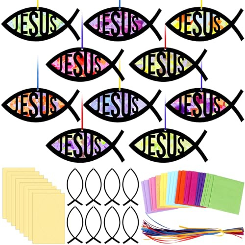 Motipuns 32 Sets Christian Fish Suncatcher Kits for Sunday School VBS Kids | Stained Glass Tissue Paper, Faith Window Art with JESUS Symbols, Hanging Strings Included, Church Classroom Decor