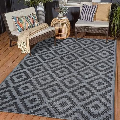Hiseng Outdoor Teppich Wetterfest, Balkon Camping Teppich, Kunststoff Stroh Outdoorteppich, Wasserfest Terrasse Matte, UV-bestandig Faltbar Rug Carpet für Garten RV, Moderner (Anthrazit,183x274cm)