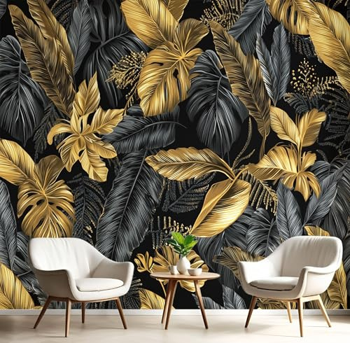 ANALTIRCE Papier Peint Panoramique Or Feuilles Palmier Mural 260×180cm 3D Papier Peint Intisse Plantes Tropicales Murale Chambre Coucher Salon Décoration Noir XL Photo Poster Geant Murale