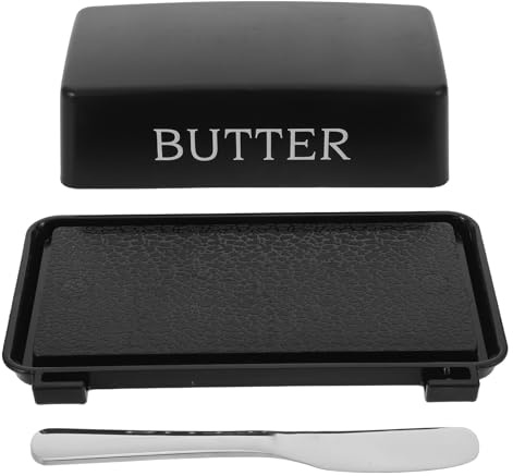 DECORNIJIA Beurrier avec Couvercle Hermétique Boîte à Beurre Compacte en Plastique Noir Plateau de Service avec Couteau Intégré Cuisine Réfrigérateur et Petit-Déjeuner