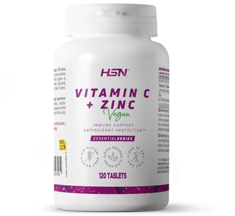 HSN Vitamina C 1000mg + Zinc 10mg (Bisglicinato) | 120 Tabletas | Apoyo al Sistema Inmunitario y Protección Antioxidante - 1 Tableta al Día – Alta Dosis | Sin Aditivos Estéticos, Vegano y Sin Gluten