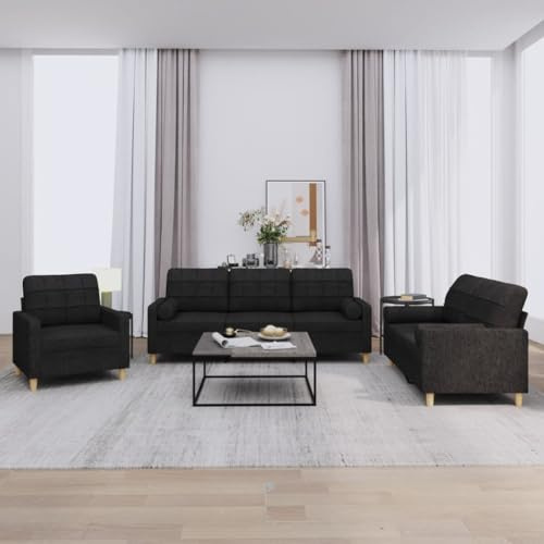 WDGJJFECNMUEHI 3-TLG. Sofagarnitur Set Wohnzimmer Couchgarnitur mit Kissen Schwarz Stoff Modern Bequem Robust für Wohnzimmer Gästezimmer Entspannen