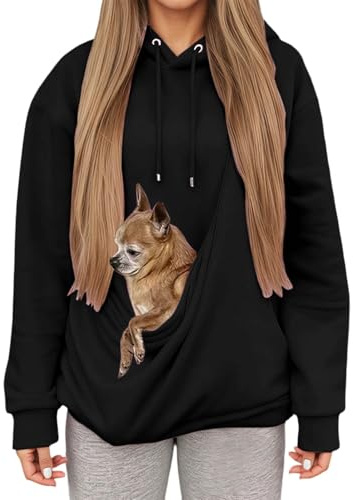 Sweat à Capuche Femme avec Grande Poche Kangourou Fonctionnelle,Pull de Transport pour Chat et Chien,Sweatshirts pour Amoureux des Animaux domestiques (Black, S)