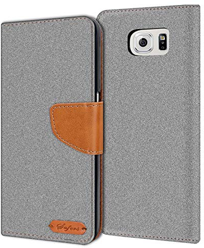 Verco Coque pour Galaxy S6 Edge, Étui Portefeuille Compatible avec Samsung Galaxy S6 Edge Case Textures de Fibre Housse de Protection, Gris
