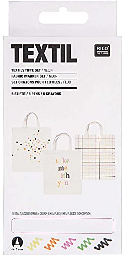 Rico Design Textilstifte Neon 5 Stück - auf Wasserbasis -Stoffmalfarbe / Stofffarbe für helle Kleidung, Textil & Stoffe - Für Kinder & Erwachsene