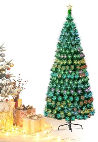 Aufun Weihnachtsbaum Künstlicher LED Glasfaser 210 cm Weihnachtsdeko Christbaum mit 260 Spitzen und 260 LEDs Lichterbaum aus Grün PVC und Metall Ständer, Bunt