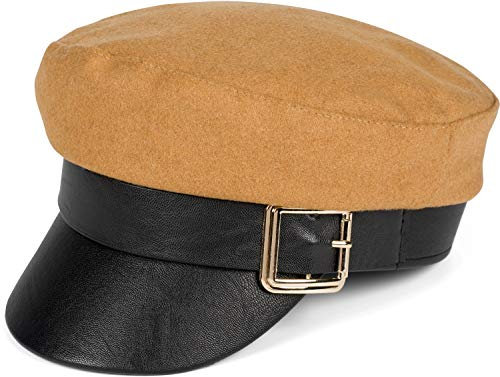 styleBREAKER Damen Bakerboy Schirmmütze mit Schirm in Kunstleder Optik und Schnalle, Ballonmütze, Newsboy Cap 04023074, Farbe:Camel