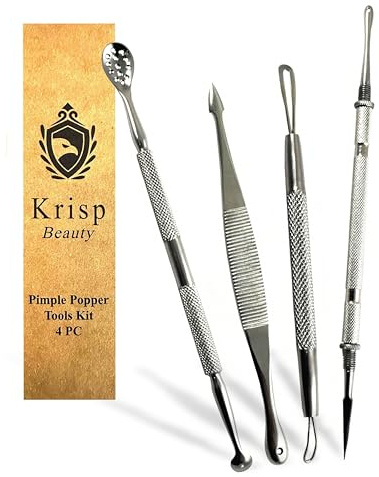 Blackhead Remover Extractor Pimple Popper Tools - Comedone Acne Zit Cleaner Kit for Nose Facial Pore Press Tool for Face Blemish Whitehead Popping Extractors, Stainless Steel 4 Pc Set By Krisp Beauty