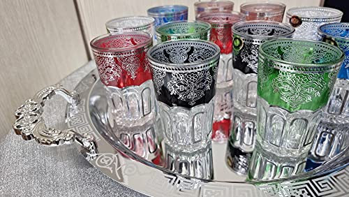 PYN Service à thé marocain Plateau rond argenté 46cm avec poignées et 12 verres en verre multicolore
