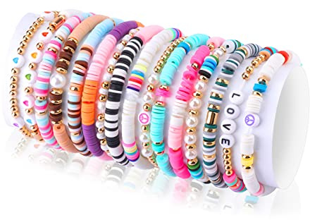 KINBOM 16 Pezzi Bracciali Preppy, Braccialetti Fatti a Mano Arcobaleno Bracciale Boho Disc Bracciale Elasticizzato con Perline Heishi per Donna Gioielli da Spiaggia Estiva (Cuore d'Amore Serie)