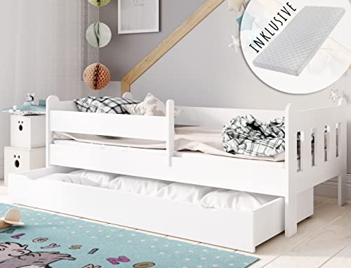 Kids Collective Kinderbett 80x180 | 80x160 | 90x200 cm mit Matratze, Schublade, Rausfallschutz & Lattenrost in weiß 80x180 cm Mädchen Jungen Bett | von 3. bis 12. Lebensjahr
