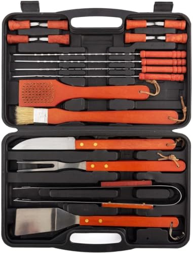Grillset – Grillbesteck Set für Grillutensilien – Grillwerkzeugset für Reisen Garten – Koffer – Edelstahl und Holz