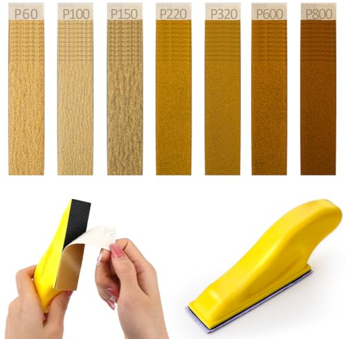 70 stycken slippapper med slipblocksset, sandpapper trä slipblad kornighet 60/100/150/220/320/600/800 sandpepier-blad för trähantverk, 9 x 3 mm handslipblock för slipning och polering