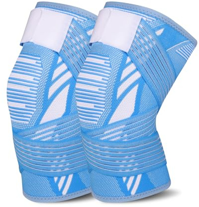 Genouillère Sport pour femmes et hommes 1 Paire Attelle Genou Bandage Élastique Réglable Genouillère de Compression pour les lésions ligamentaires, Déchirure du Ménisque, Arthrose (bleu clair, M)