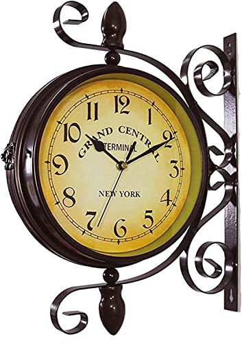 Antik Retro Bahnhofsuhr Doppelseitige Uhr im Freien, metallvintage doppelseitige Hängsuhr, for Terrasse, Garage, Außenbereich Antique Look Bahnhof zweiseitige Uhr for Innenräume/Outdoors Wanduhr Doppe